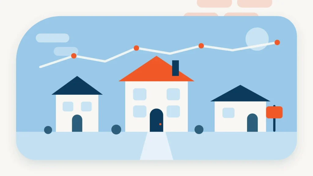Illustration of three homes beneath a gently rising line chart